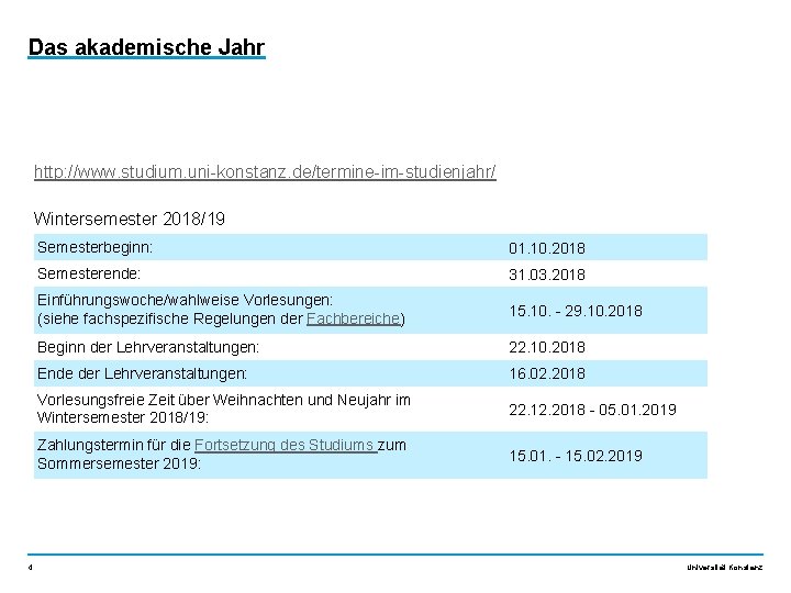 Das akademische Jahr http: //www. studium. uni-konstanz. de/termine-im-studienjahr/ Wintersemester 2018/19 4 Semesterbeginn: 01. 10.