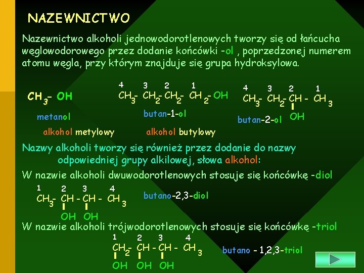 NAZEWNICTWO Nazewnictwo alkoholi jednowodorotlenowych tworzy się od łańcucha węglowodorowego przez dodanie końcówki -ol ,