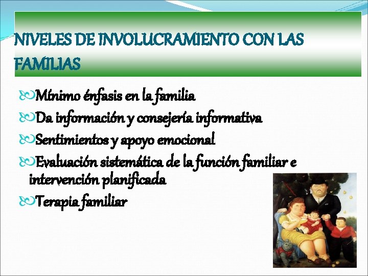 NIVELES DE INVOLUCRAMIENTO CON LAS FAMILIAS Mínimo énfasis en la familia Da información y