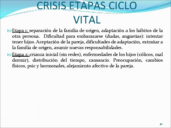 CRISIS ETAPAS CICLO VITAL Etapa 1: separación de la familia de origen, adaptación a