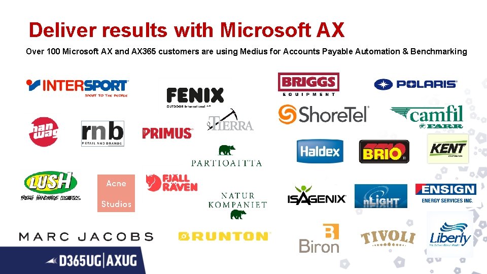 Deliver results with Microsoft AX Over 100 Microsoft AX and AX 365 customers are