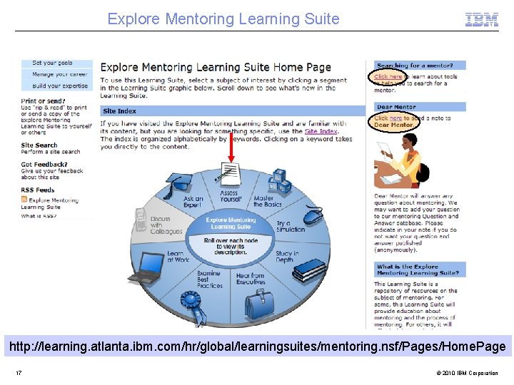 Explore Mentoring Learning Suite http: //learning. atlanta. ibm. com/hr/global/learningsuites/mentoring. nsf/Pages/Home. Page 17 © 2010