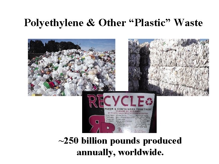 Polyethylene & Other “Plastic” Waste ~250 billion pounds produced annually, worldwide. 