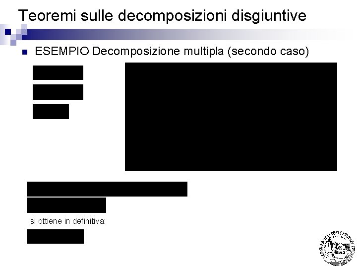 Teoremi sulle decomposizioni disgiuntive n ESEMPIO Decomposizione multipla (secondo caso) si ottiene in definitiva: