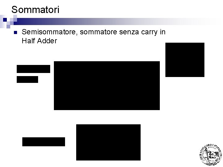 Sommatori n Semisommatore, sommatore senza carry in Half Adder 