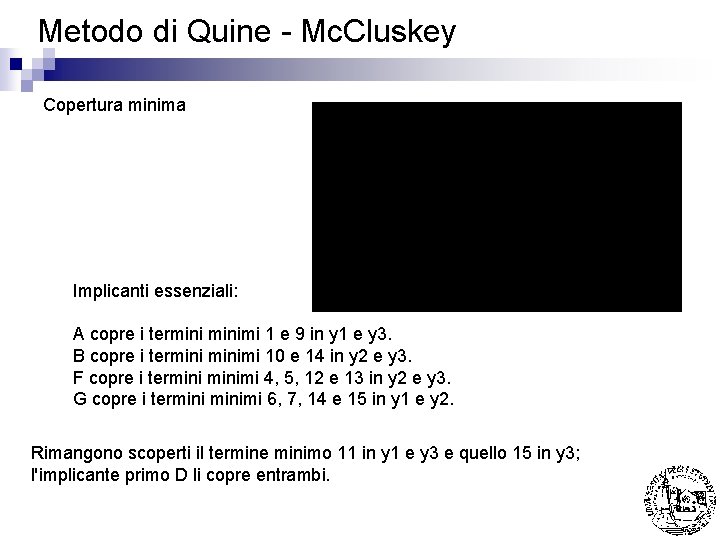 Metodo di Quine - Mc. Cluskey Copertura minima Implicanti essenziali: A copre i terminimi