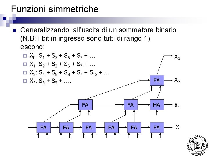 Funzioni simmetriche n Generalizzando: all’uscita di un sommatore binario (N. B: i bit in