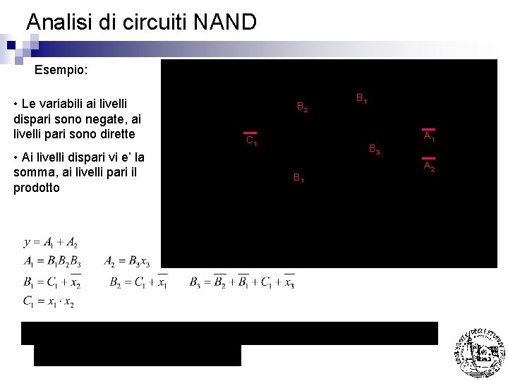 Analisi di circuiti NAND Esempio: • Le variabili ai livelli dispari sono negate, ai