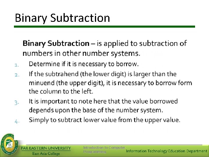 Binary Subtraction Introduction to Computer Programming 