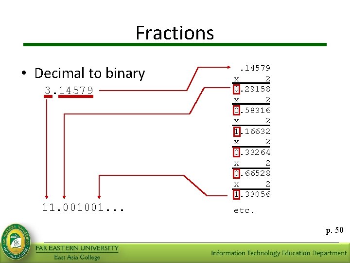 Fractions • Decimal to binary 3. 14579 11. 001001. . 14579 x 2 0.