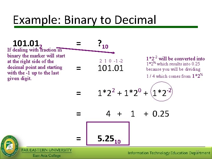 Example: Binary to Decimal 101. 012 If dealing with fraction in binary the marker
