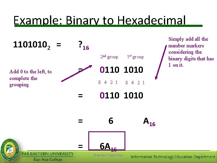 Example: Binary to Hexadecimal 11010102 = ? 16 2 nd group Add 0 to