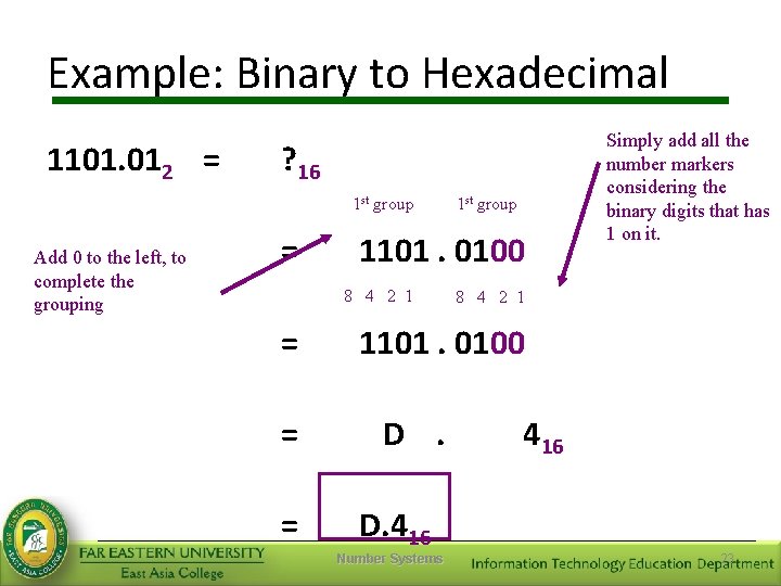 Example: Binary to Hexadecimal 1101. 012 = ? 16 1 st group Add 0