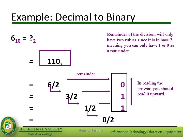 Example: Decimal to Binary Remainder of the division, will only have two values since