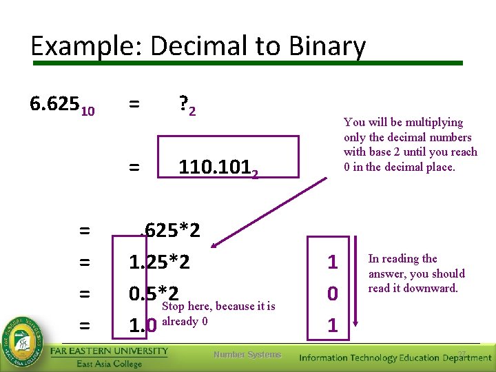 Example: Decimal to Binary 6. 62510 = = = ? 2 = 110. 1012