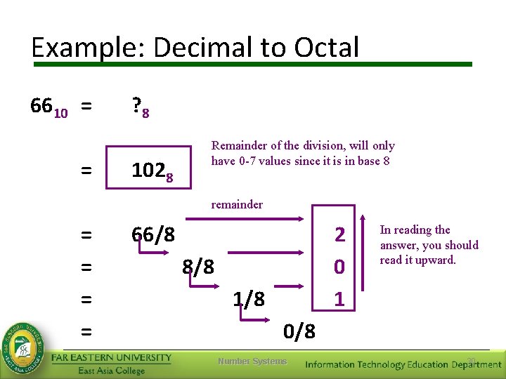 Example: Decimal to Octal 6610 = = ? 8 1028 Remainder of the division,