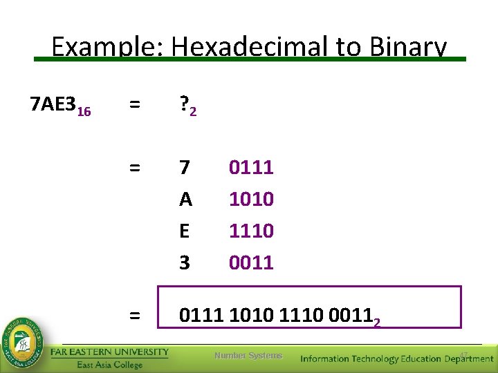 Example: Hexadecimal to Binary 7 AE 316 = ? 2 = 7 A E