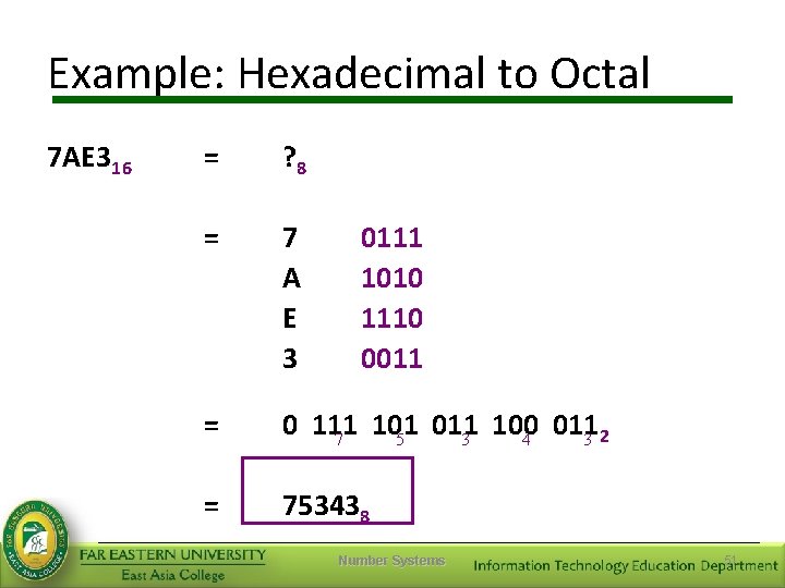 Example: Hexadecimal to Octal 7 AE 316 = ? 8 = 7 A E