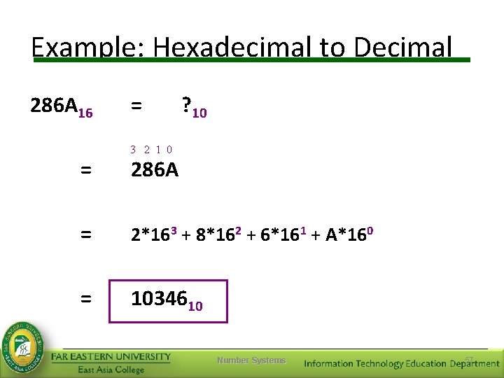 Example: Hexadecimal to Decimal 286 A 16 = = ? 10 3 2 1