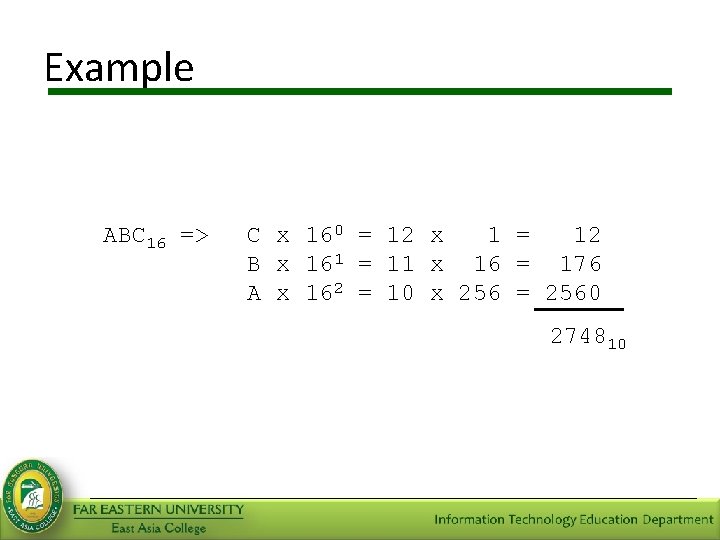 Example ABC 16 => C x 160 = 12 x 1 = 12 B