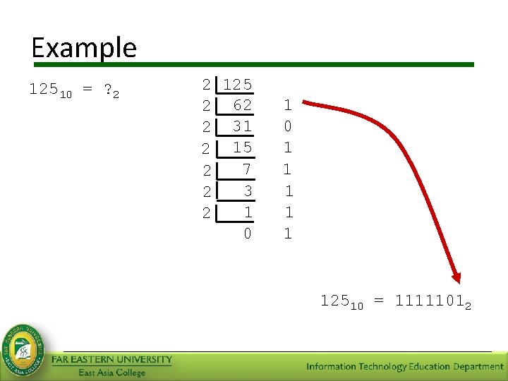 Example 12510 = ? 2 2 125 2 62 2 31 2 15 7