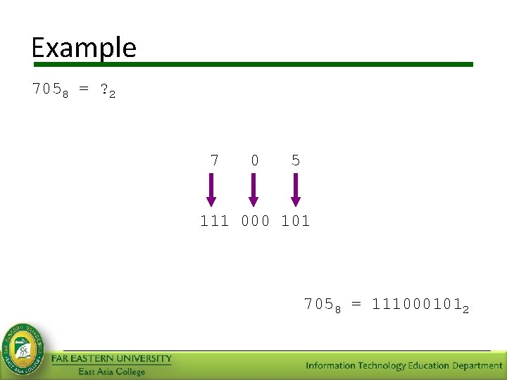 Example 7058 = ? 2 7 0 5 111 000 101 7058 = 1110001012