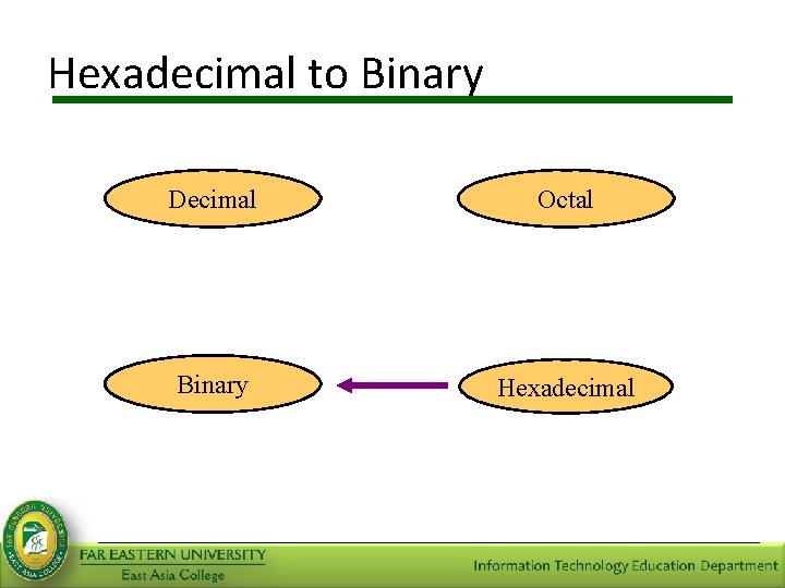 Hexadecimal to Binary Decimal Octal Binary Hexadecimal 