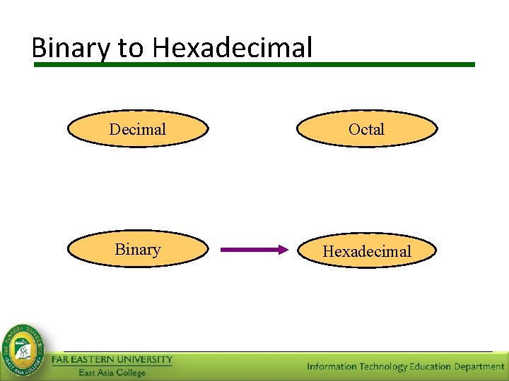 Binary to Hexadecimal Decimal Octal Binary Hexadecimal 