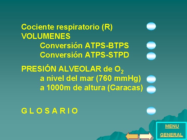 Cociente respiratorio (R) VOLUMENES Conversión ATPS-BTPS Conversión ATPS-STPD PRESIÓN ALVEOLAR de O 2 a