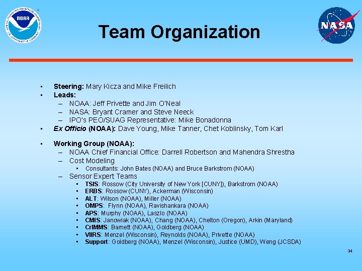 Team Organization • • Steering: Mary Kicza and Mike Freilich Leads: – NOAA: Jeff