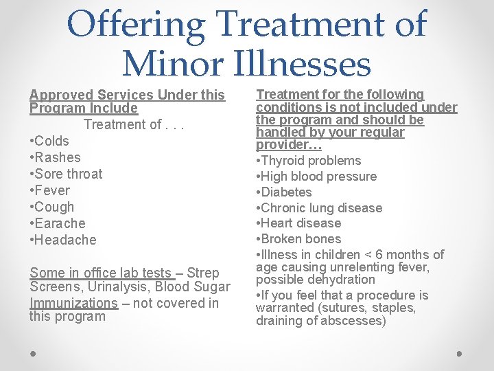 Offering Treatment of Minor Illnesses Approved Services Under this Program Include Treatment of. .