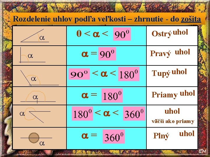 Rozdelenie uhlov podľa veľkosti – zhrnutie - do zošita 0< < = < <