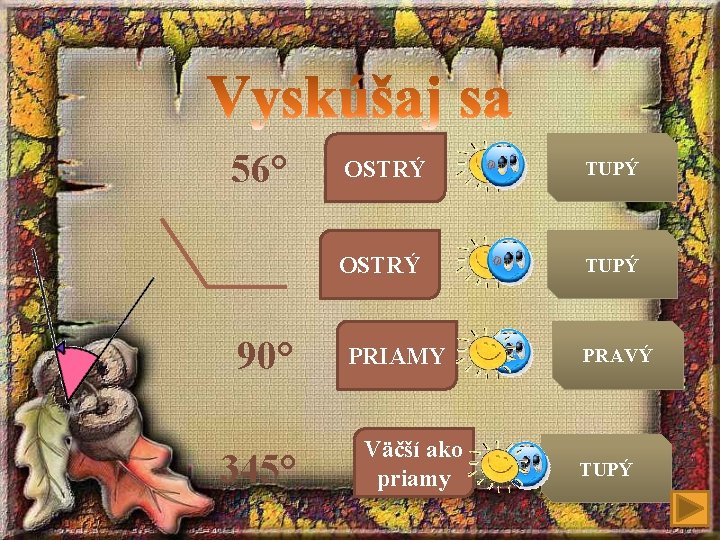 56° 90° 345° OSTRÝ TUPÝ PRIAMY Väčší ako priamy PRAVÝ TUPÝ 