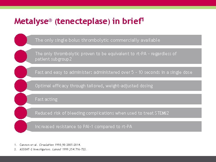 Metalyse® (tenecteplase) in brief 1 The only single bolus thrombolytic commercially available The only