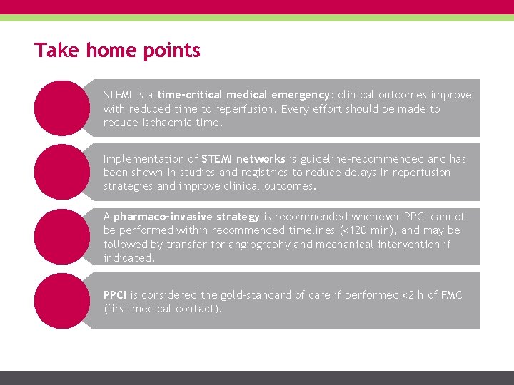 Take home points STEMI is a time-critical medical emergency: clinical outcomes improve with reduced