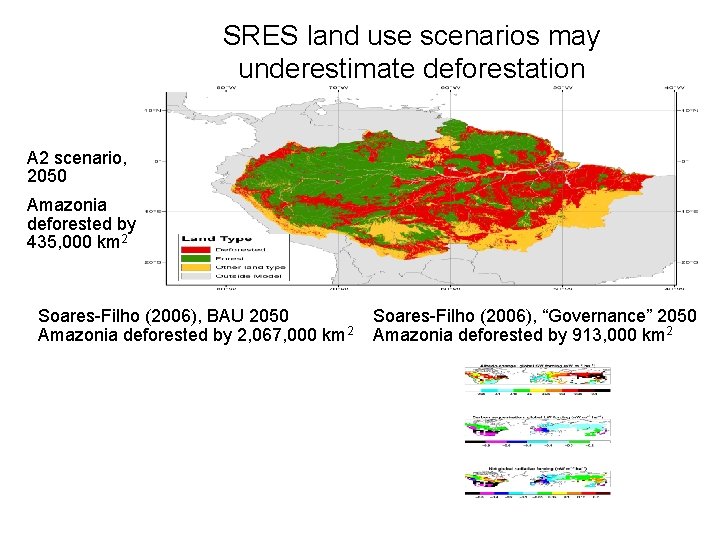 SRES land use scenarios may underestimate deforestation A 2 scenario, 2050 Amazonia deforested by