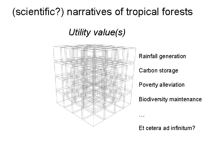 (scientific? ) narratives of tropical forests Utility value(s) Rainfall generation Carbon storage Poverty alleviation