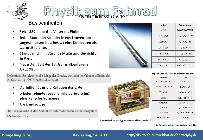 Physik zum Fahrrad - Kinderfachhochschule - Basiseinheiten • • Seit 1889 dient das Meter