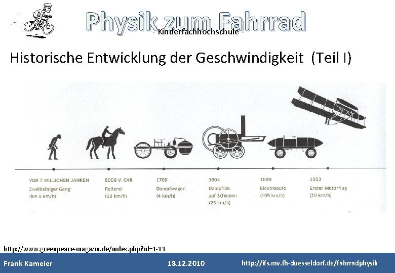 Physik zum Fahrrad - Kinderfachhochschule - Historische Entwicklung der Geschwindigkeit (Teil I) http: //www.