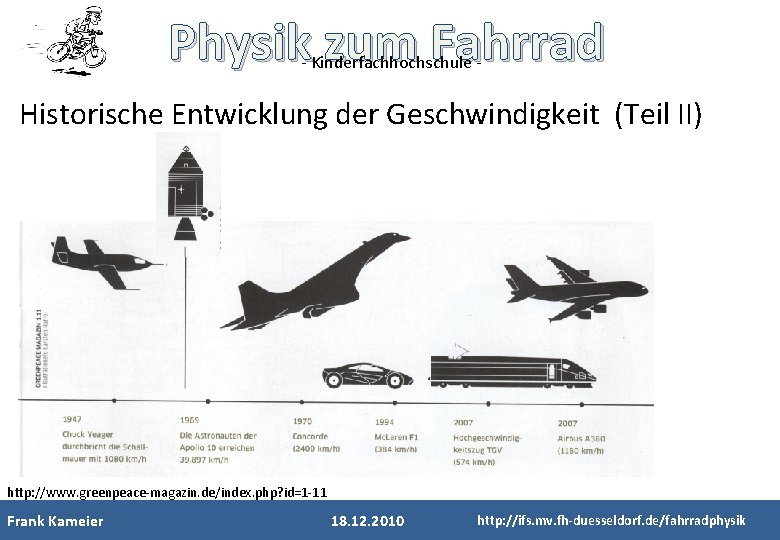 Physik zum Fahrrad - Kinderfachhochschule - Historische Entwicklung der Geschwindigkeit (Teil II) http: //www.