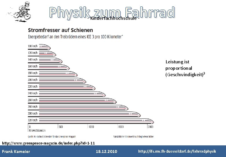 Physik zum Fahrrad - Kinderfachhochschule - Leistung ist proportional (Geschwindigkeit)3 http: //www. greenpeace-magazin. de/index.