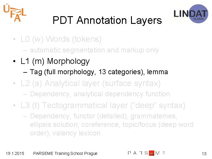 PDT Annotation Layers • L 0 (w) Words (tokens) – automatic segmentation and markup