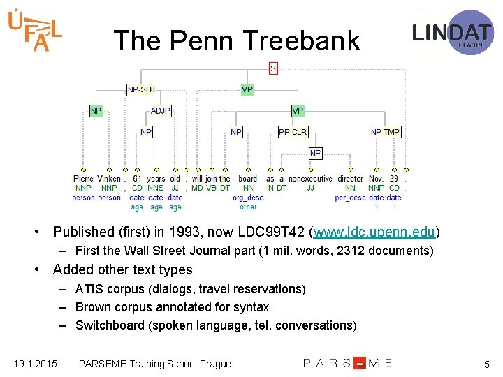 The Penn Treebank • Published (first) in 1993, now LDC 99 T 42 (www.