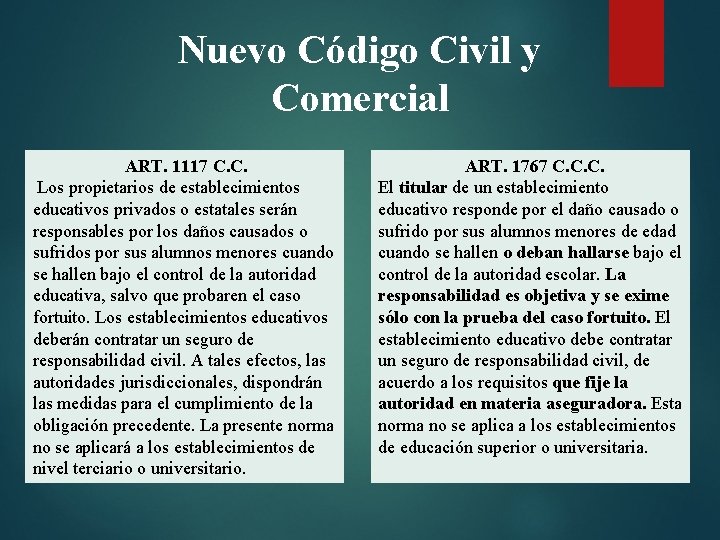 Nuevo Código Civil y Comercial ART. 1117 C. C. Los propietarios de establecimientos educativos
