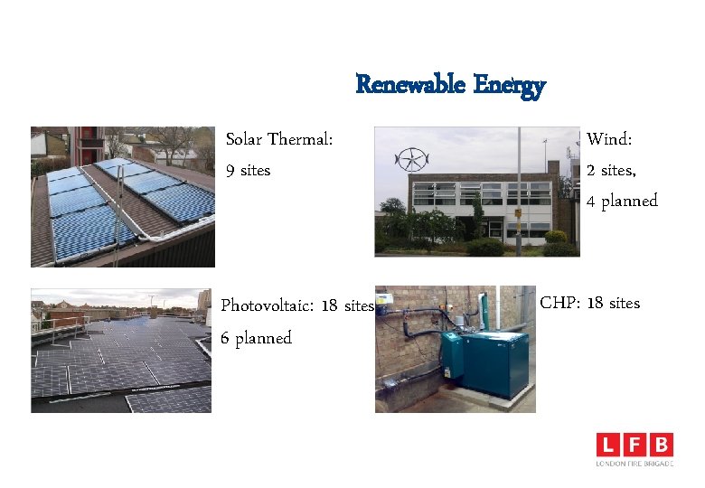 Renewable Energy Solar Thermal: 9 sites Photovoltaic: 18 sites, 6 planned Wind: 2 sites,
