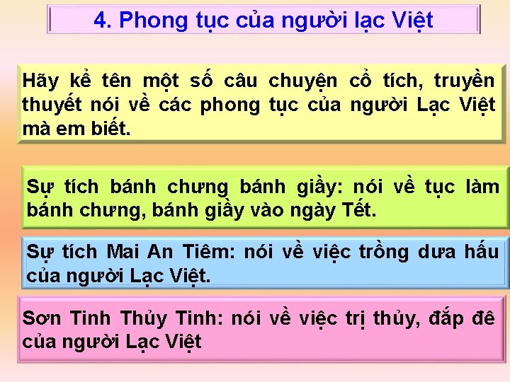 4. Phong tục của người lạc Việt Hãy kể tên một số câu chuyện