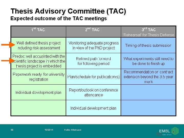 Thesis Advisory Committee (TAC) Expected outcome of the TAC meetings 39 10/2014 Helke Hillebrand