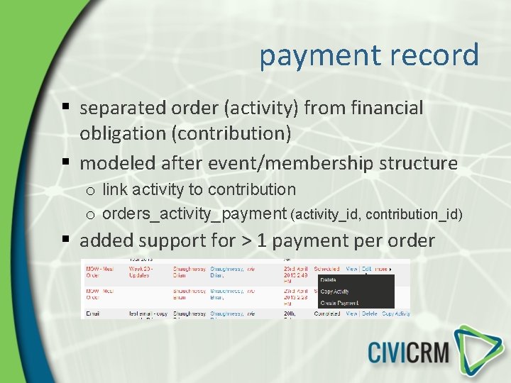 payment record § separated order (activity) from financial obligation (contribution) § modeled after event/membership