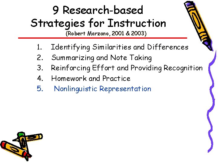 9 Research-based Strategies for Instruction (Robert Marzano, 2001 & 2003) 1. 2. 3. 4.