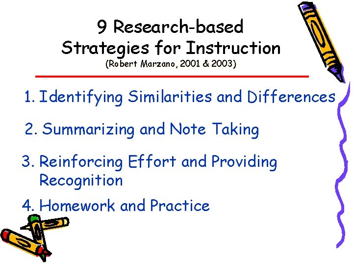 9 Research-based Strategies for Instruction (Robert Marzano, 2001 & 2003) 1. Identifying Similarities and